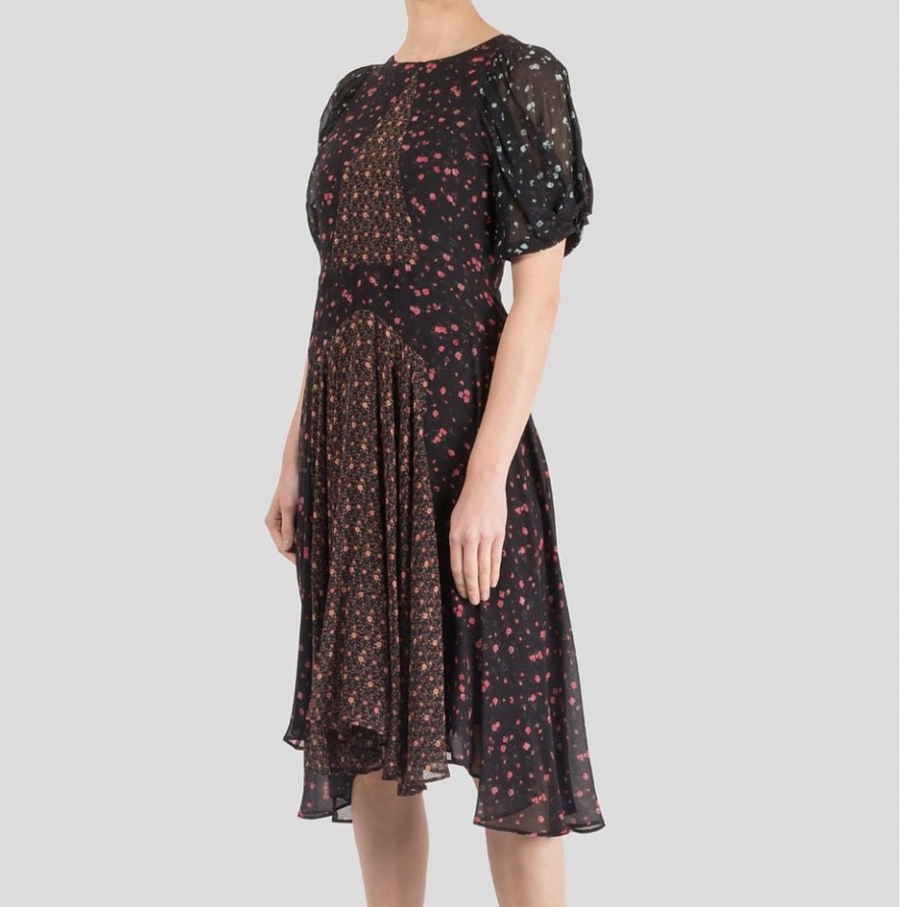 MASSCOB Floral Patchwork Silk Chiffon Midi Dress in XS
